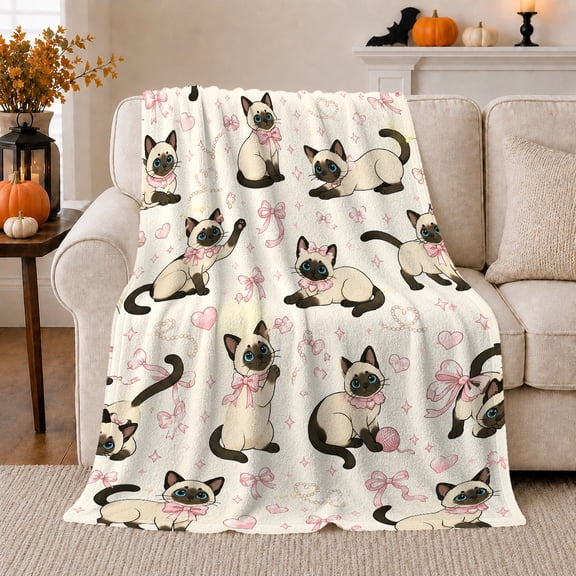 Whimsical Siamese Cat Pattern, Playful Pet Portrait Pattern, Warm Flannel Blanket for Living Room and Bedroom, Cat Lovers Just Because Gift, Pet Lover Home Decor