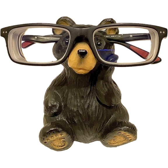 Whimsical Sitting Wood Cut Look Hand-Carved Resin Bear Figurine Sculpture Eye glasses Holder Stand Business Card Eyeglasses Keeper Cabin Lodge Rustic Style Decoration