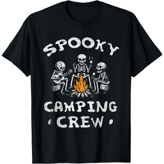 Whimsical Skeleton Campfire T-Shirt for Spooky Halloween Camping Fun