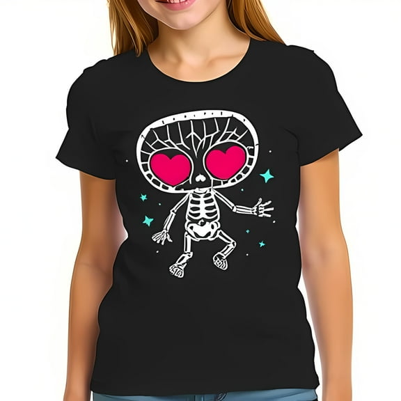 Whimsical Skeleton Graphic Cotton Short Sleeve T-Shirt with Heart-Shaped Eyes & Stars - Fun Halloween Style