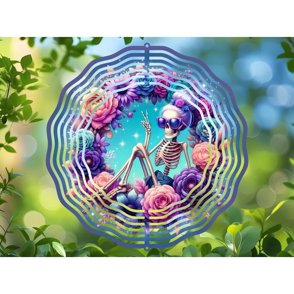 Whimsical Skeleton Peace Sign 3D Wind Spinner, Colorful Kinetic Stainless Steel Hanging Halloween Decor