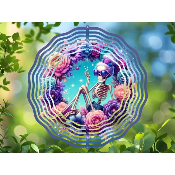 Whimsical Skeleton Peace Sign 3D Wind Spinner, Colorful Kinetic Stainless Steel Hanging Halloween Decor