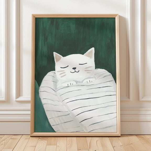 Whimsical Sleeping Cat Wall Art, Cozy Cat Art Print, Cute Pet Portrait, Cat Lover Gift, White Cat Aesthetic Print Wall Art, Modern Wall Decor, 12x18 UNFRAMED