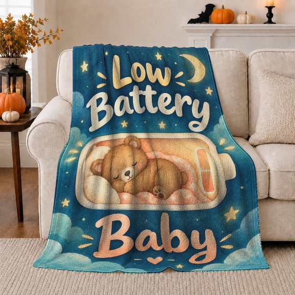 Whimsical Sleepy Teddy Bear Low Battery Motif, Playful Woodland Scene, Warm Flannel Blanket for Cabin and Lodge, Wildlife Lovers Housewarming Gift, Celestial Home Decor