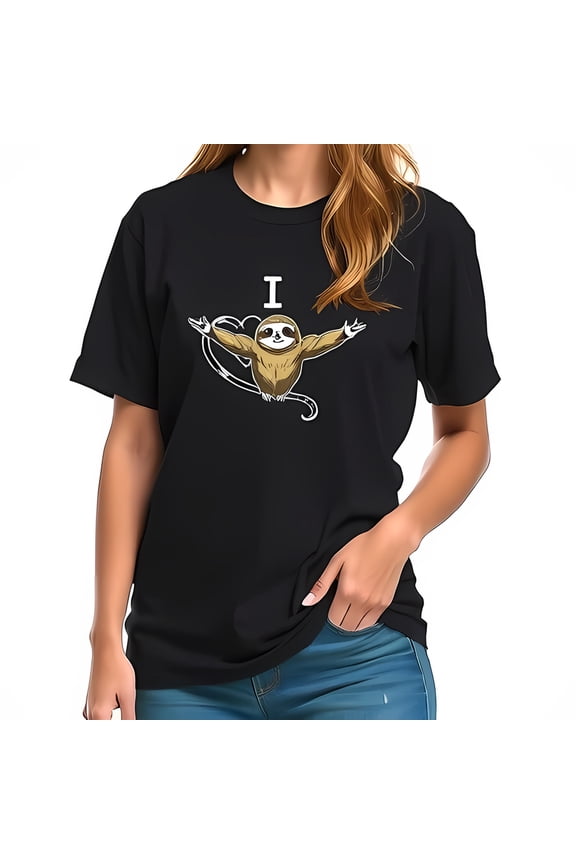 Whimsical Sloth Graphic T-Shirt for Women - Black Short Sleeve Tee with Heart Design - Casual and Comfortable Style