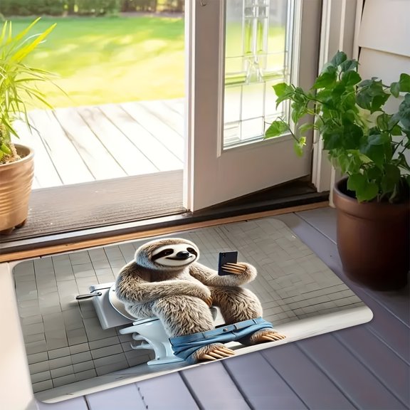 Whimsical Sloth on Toilet with Phone Doormat, Non-Slip Flannel Floor Mat, Washable Farmhouse Rug for Bathroom, Kitchen, Laundry Room & Hallway