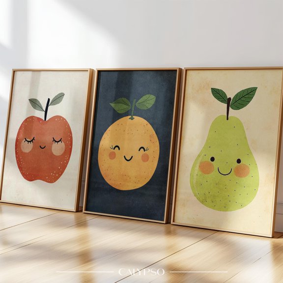 Whimsical Smiling Fruit Illustrations Poster Apple , Poster Print Only