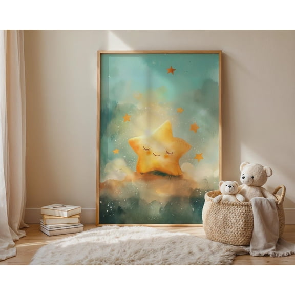 Whimsical Smiling Star Nursery Wall Art, Orange Teal Night Sky Poster Unframed Paper Print