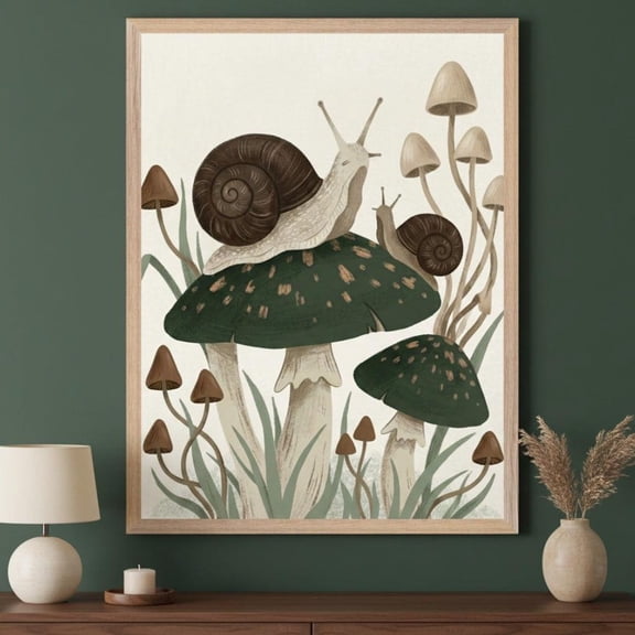 Whimsical Snail Forest Floor Illustration Wall Art Cottagecore Mushroom Nursery Decor Unframed Paper Print