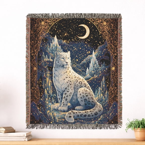 Whimsical Snow Leopard Woven Throw Blanket, Cotton with Fringed Edges for Cozy Home Decor
