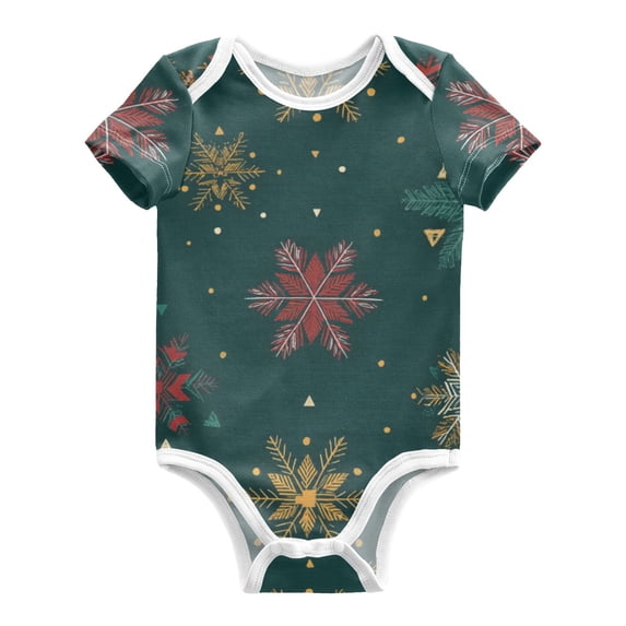 Whimsical Snowflakes Christmas Green Pure Cotton Bodysuit Short Sleeve Pajamas One-Piece Romper Unisex 3 Months