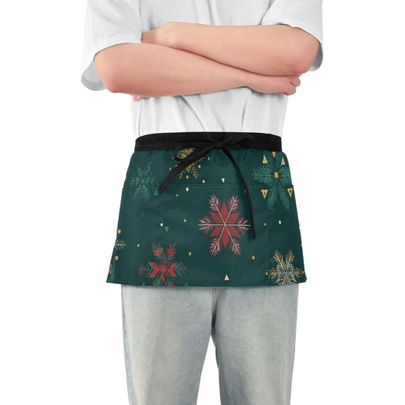 Whimsical Snowflakes Christmas Green Short Server Apron with 3 Pockets for Unisex Chef Gardening