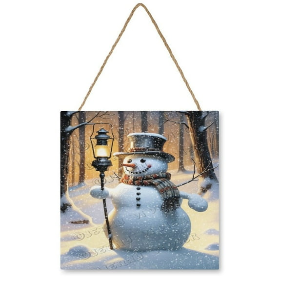 Whimsical Snowman with Christmas Oil Lamp Wooden Hanging Sign - Vintage Winter Decor for Kid's Rooms, Nurseries, and Home, 12"x12"