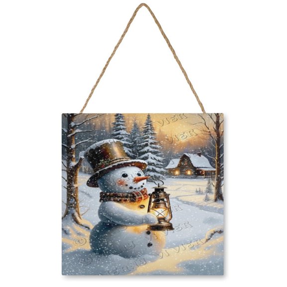 Whimsical Snowman with Oil Lamp Wooden Hanging Sign - Festive Vintage Decor for Bedrooms, Nurseries, and Farmhouse Settings, 12"x12"
