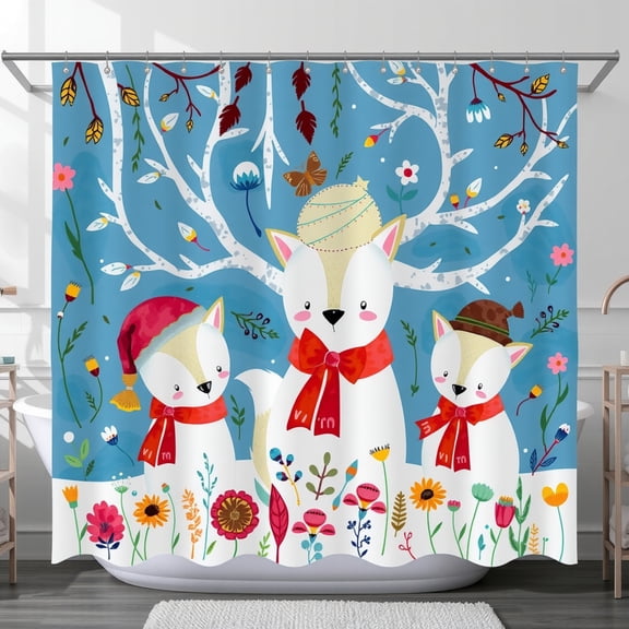 Whimsical Snowy Forest Shower Curtain with Foxes, Antlers & Flowers