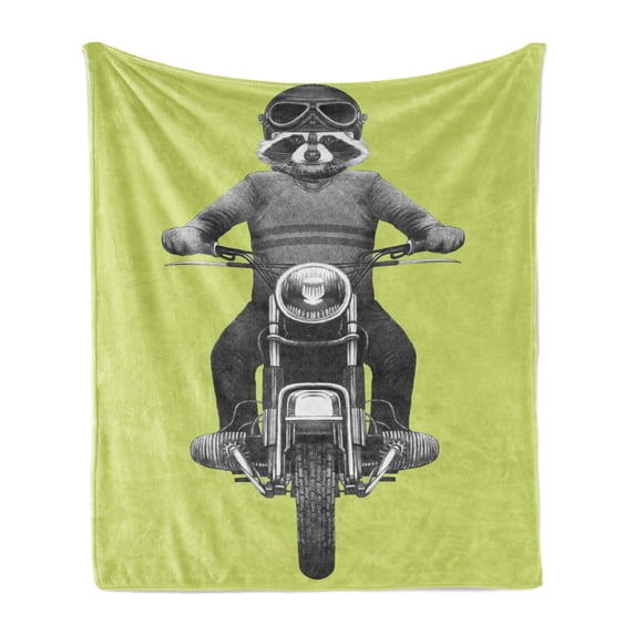 Whimsical Soft Flannel Fleece Blanket, Realistic Sketch Design of Funny Hipster Raccoon Rides Retro Motorcycle, Cozy Plush for Indoor and Outdoor Use, 50" x 70", Pale Green and Grey, by Ambesonne