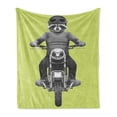 thumbnail image 1 of Whimsical Soft Flannel Fleece Blanket, Realistic Sketch Design of Funny Hipster Raccoon Rides Retro Motorcycle, Cozy Plush for Indoor and Outdoor Use, 70" x 90", Pale Green and Grey, by Ambesonne, 1 of 5
