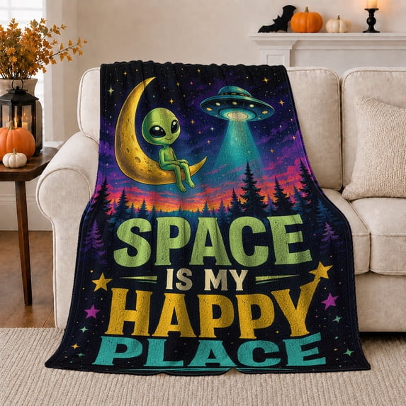 Whimsical Space Adventure Alien Crescent, Playful Celestial Art Scene, Warm Flannel Blanket for Home Library and Reading Nook, Celestial Art Lovers Housewarming Gift, Celestial Home Decor