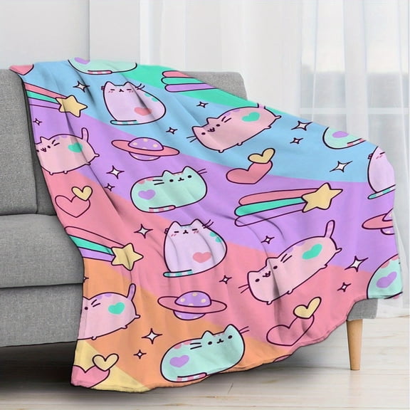 Whimsical Space Cats Rainbow Dream Blanket - Ultra-Soft, Lightweight Polyester Throw with Playful Cat & Rainbow Design for Sofa, Bed, Camping & Travel
