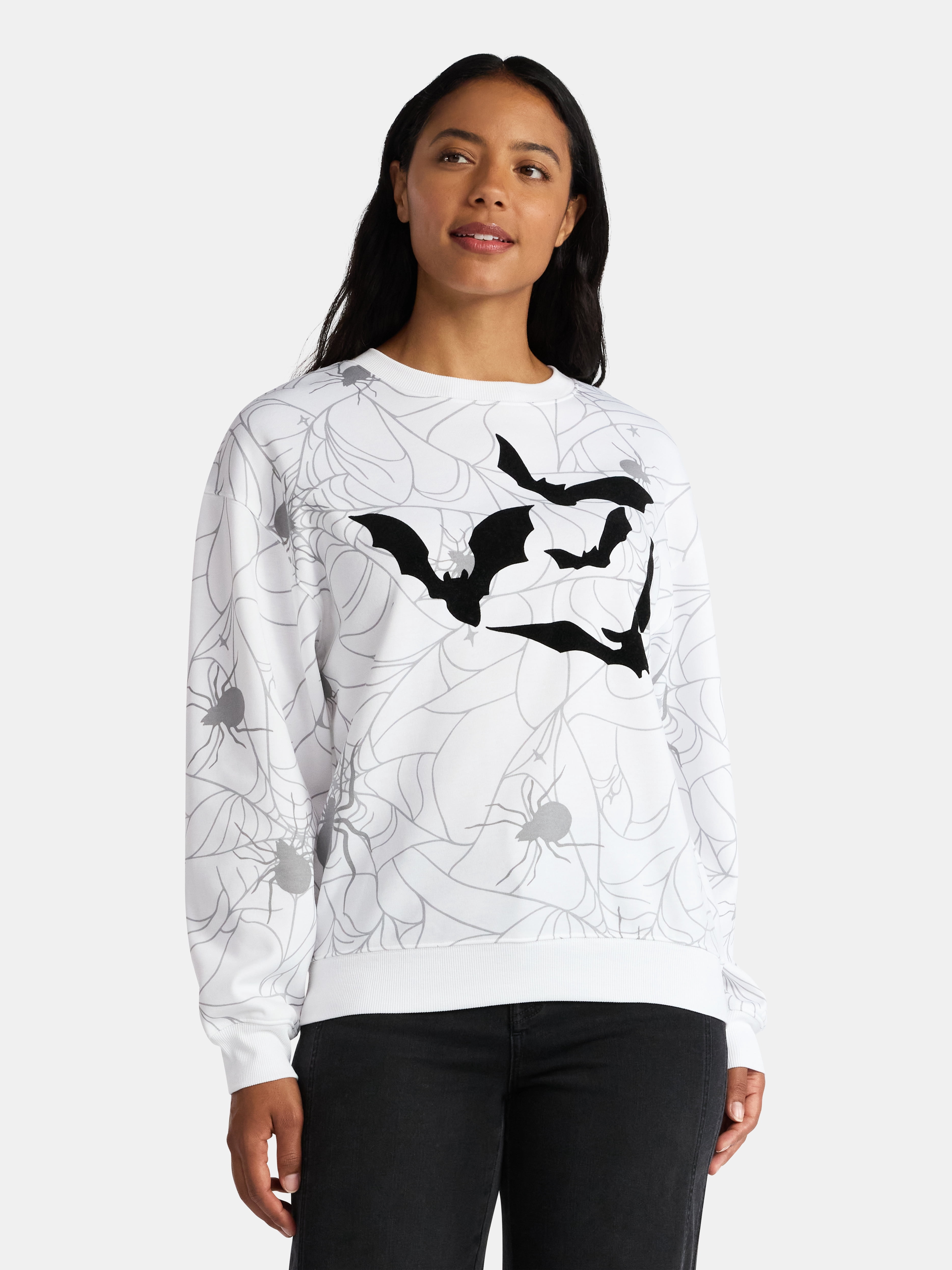 Halloween Women's Spiders and Bats Print Sweatshirt with Long Sleeves, Sizes XXS-XXL