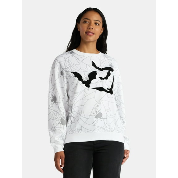 Halloween Women's Spiders and Bats Print Sweatshirt with Long Sleeves, Sizes XXS-XXL