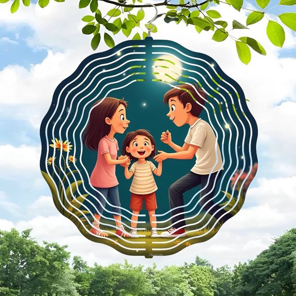 Whimsical Spiral Design Metal Hanging Wind Spinners & Chimes for Yard & Garden - Enchanting Nighttime Decor with Stars & Moonlight