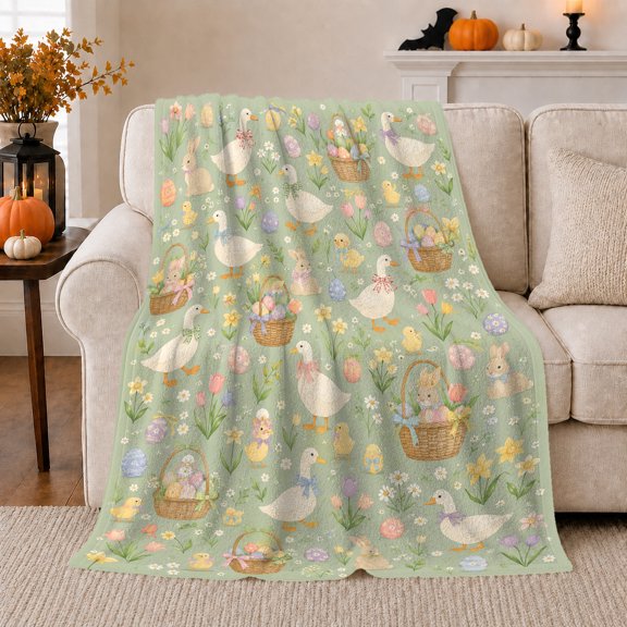 Whimsical Spring Garden Scene Featuring Charming White Geese, Peaceful Bird Art Scene, Warm Flannel Blanket for Living Room and Reading Nook, Bird Lovers Housewarming Gift, Artistic Home Decor