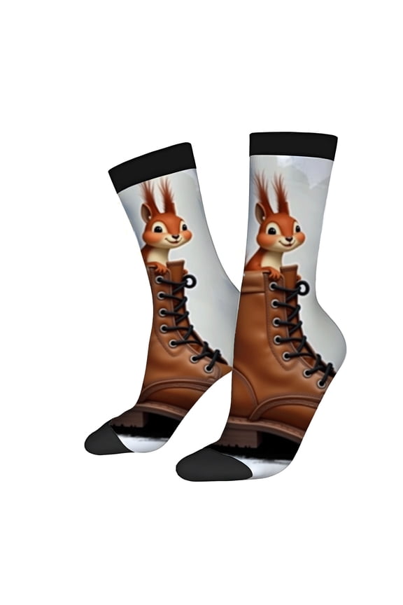 Whimsical Squirrel & Boot Design Socks - 2 Pairs of Trendy Unisex Mixed Color Socks for All Seasons - Fun & Playful