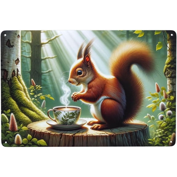 Whimsical Squirrel Coffee Break Tin Sign, Woodland Creature Wall Art for Kitchen, Living Room, Bar or Cafe, Rustic Metal Decor, 8x12 Inch