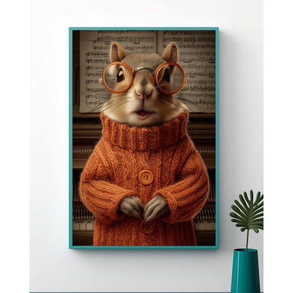 Whimsical Squirrel Poster, Vintage Animal Wall Art, Cozy Autumn Orange Sweater Poster, Cute Glasses Woodland Artwork, Unframed Canvas Size 8x12
