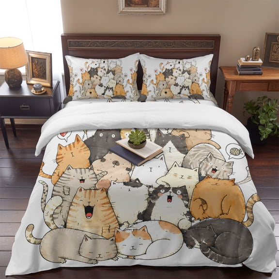 Whimsical Stacked Cartoon Cats Queen Size Bed Set,Watercolor Cute Kitties Bedding for All Seasons,4 Pcs Bed Set,1 Quiltcover (90"x90"),1 Sheet (90"x102"),2 Pillowcases (20"x30")