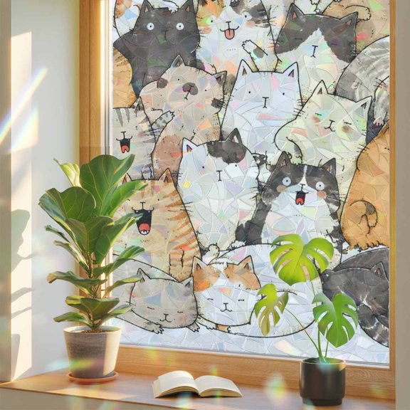 Whimsical Stacked Cartoon Cats Window Privacy Film, Rainbow Film Decorative Window Sticker 17.7x39.3in, Watercolor Cute Kitties Sun Blocking Static Stained Glass Cling Tint Non-Adhesive