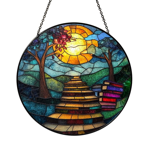 Whimsical Stairway of Books Glass Suncatcher Window Decor Creative Boho Gift