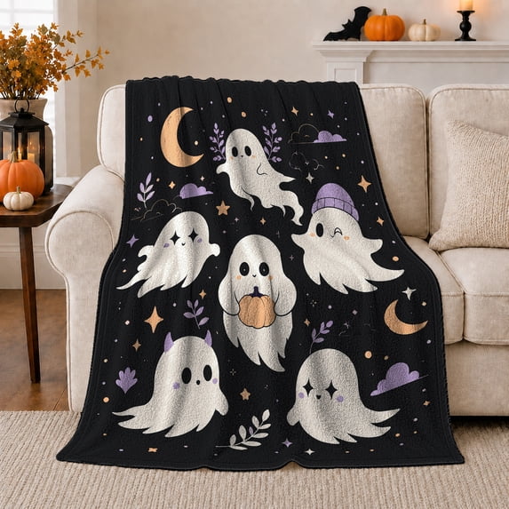 Whimsical Starry Ghosts autumn Celestial Scene Copper Moon, Festive autumn Scene, Warm Flannel Blanket for Living Room and Family Room, Art Lovers autumn Gift, Festive Home Decor