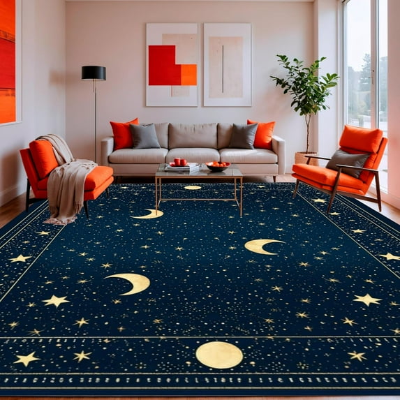 Whimsical Starry Sky Design Kids Decor Play Area Rug, Soft Rug, Non Slip, Stain Resistant, Washable Area Rugs for Living Room, Bedroom (Blue) 3x5ft