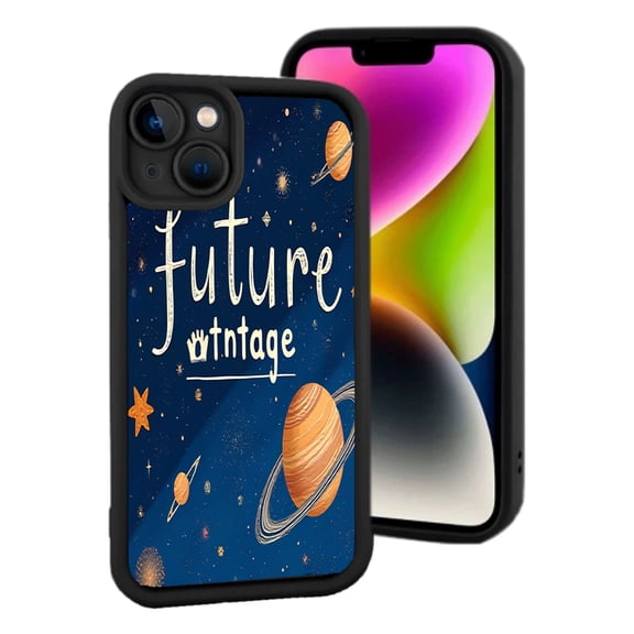 Whimsical Stars & Planets Design - Lightweight Yellowing Resistant iPhone 15 Case with ' Future ' & ' Vintage ' Text Black Camera Border