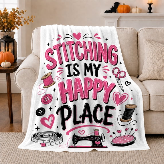 Whimsical Stitching Happy Place Sewing Craft Theme, Playful Festive Scene, Warm Flannel Blanket for Living Room and Family Room, Art Lovers Christmas Gift, Festive Home Decor
