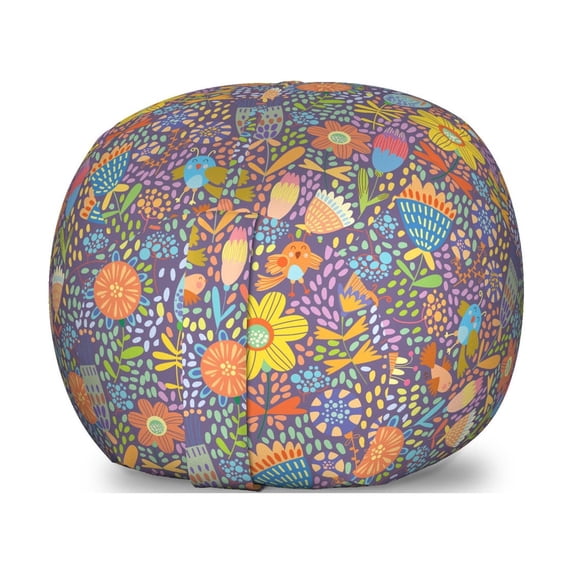 Whimsical Storage Toy Bag Chair, Colorful Spotty Pattern with Lively Blossoms Singing Happy Birds Fantasy, Stuffed Animal Organizer Washable Bag, Small Size, Multicolor, by Ambesonne