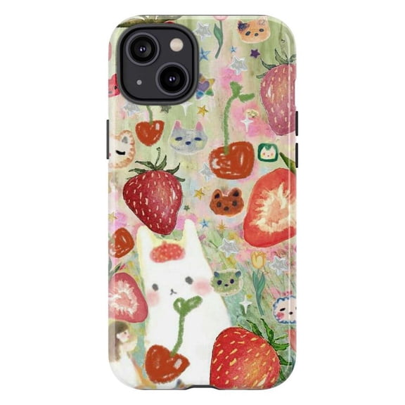 Whimsical Strawberry & Cat Collage Phone Case, Cute Fruit and Kitten Pattern Cover for iPhone 17 16 15 14 13 12 11 Pro Plus Mini