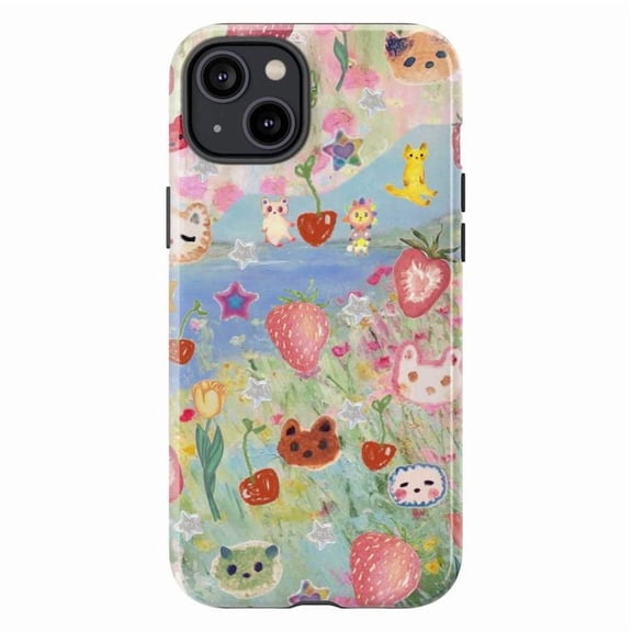 Whimsical Strawberry & Cat Faces Phone Case, Cute Pastel Field Abstract Cover for iPhone 17 16 15 14 13 12 11 Pro Plus Mini