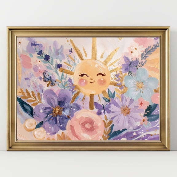 Whimsical Sun Art Cute Sunshine and Flowers Nursery Wall Art Pastel Room Decor, UNFRAMED Size 16x16