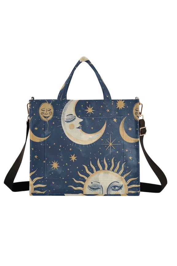 Whimsical Sun and Moon Corduroy Tote Bag Handbag Large Messenger Bag Shoulder Crossbody Zipper Bag Purse