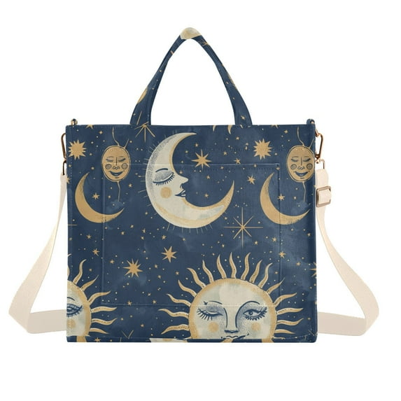 Whimsical Sun and Moon Corduroy Tote Bag Handbag Large Messenger Bag Shoulder Crossbody Zipper Bag Purse