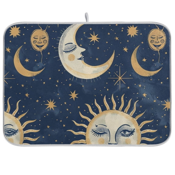 Whimsical Sun and Moon Dish Drying Mat Dish Drainer Rack Mats Water Absorbent Non-Slip Easy Clean Heat Resistant for Kitchen Counter