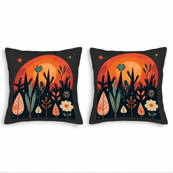 Whimsical Sunset Forest Throw Pillow Covers - Set of 2 18x18in Cushion Cases for Couch Bed Car - Colorful Nature Design with Silhouetted Trees and Foliage