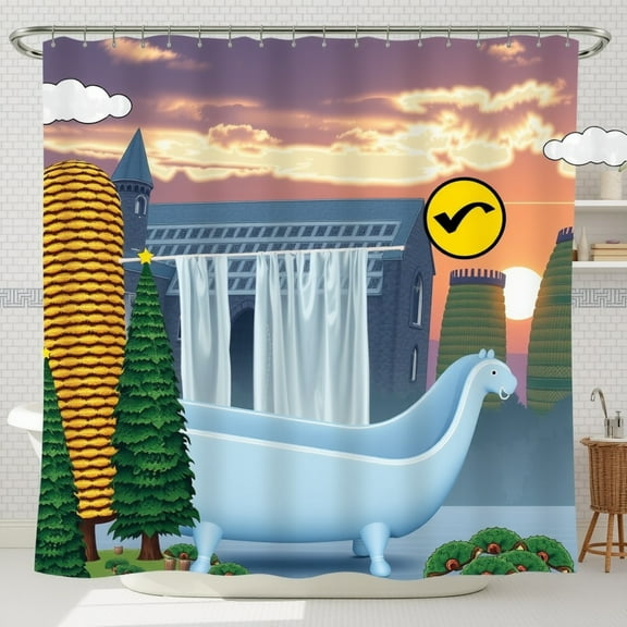 Whimsical Sunset Shower Curtain with Clawfoot Tub & Christmas Trees - Playful Fairytale Design