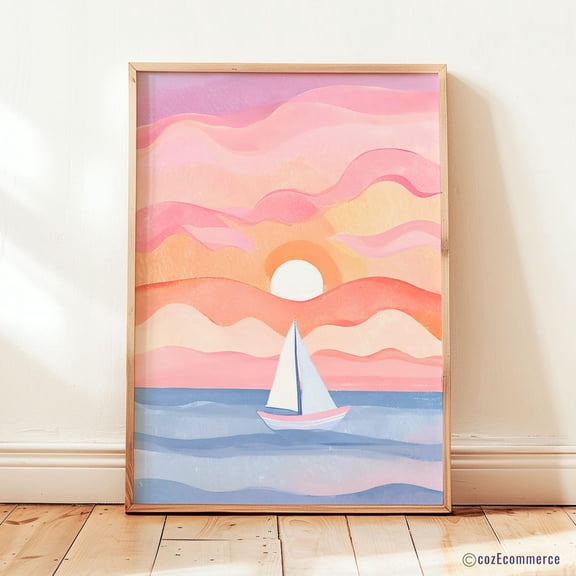 Whimsical Sunset Wall Art Poster, Playful Landscape, Colorful Sky Artwork, Cottagecore Wall Decor, Unframed Canvas Size 8x12