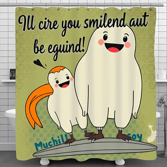 Whimsical Surfboard Shower Curtain with Adorable Cartoon Creatures - Cheerful Green Design