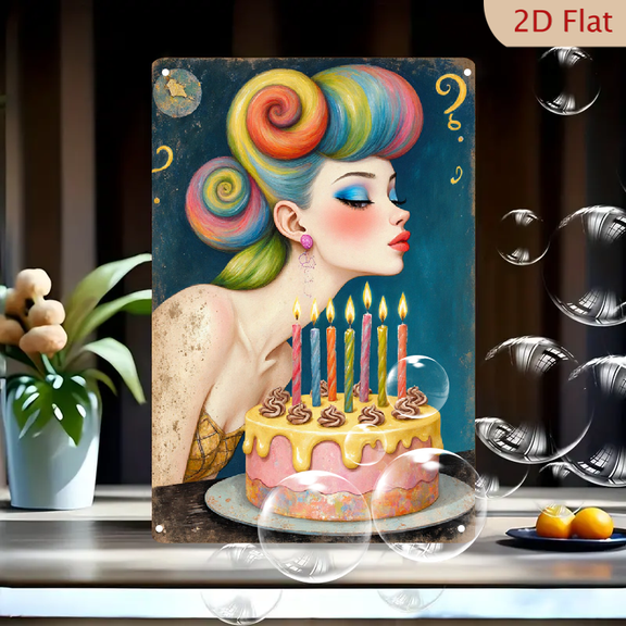 Whimsical Surreal Woman Rainbow Swirl Hair Birthday Cake Wall Art, 8x12 Inches Metal Tin Sign, Vibrant Electric Blue Makeup Dreamy Night Sky Decor with Candles and Question Marks
