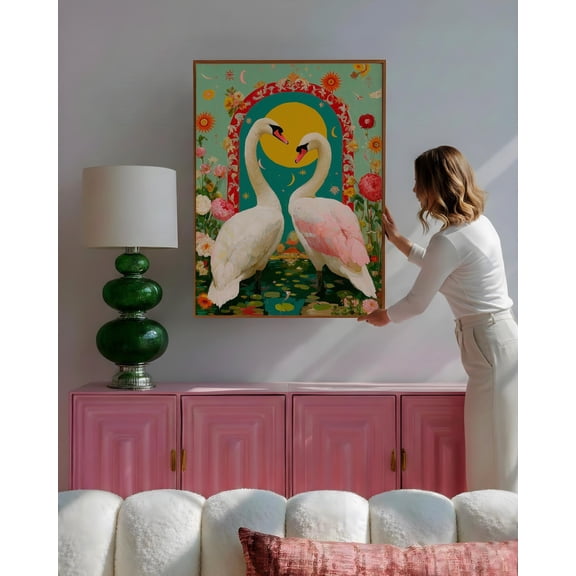 Whimsical Swan Couple Wall Art Print, Romantic Swan Lovers Poster, Cottagecore Floral Bird Poster Unframed Paper Print